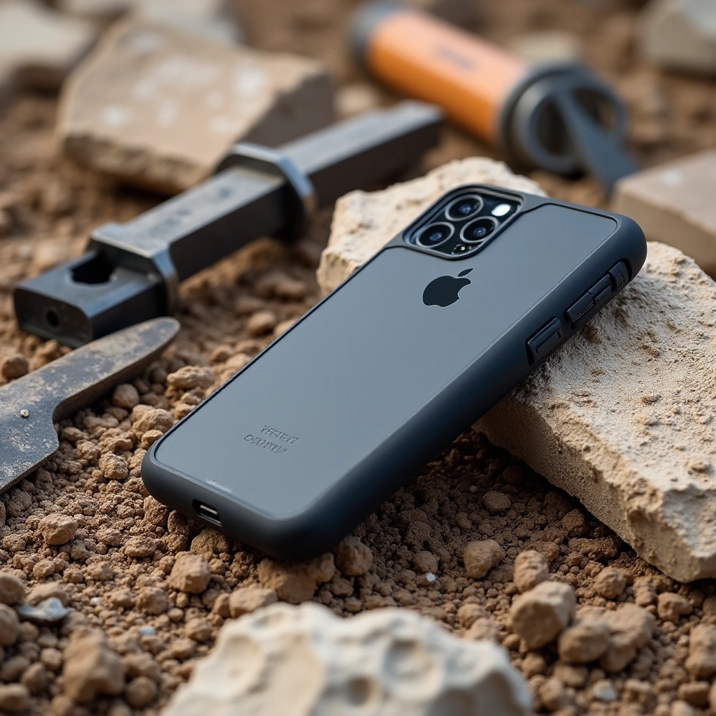 Rugged black phone case on construction site with tools and dust, showing durability in real working environment